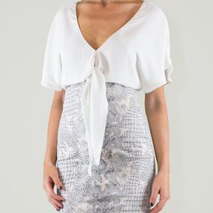 White Snakeskin Blouson Backless Sexy Mini Dress