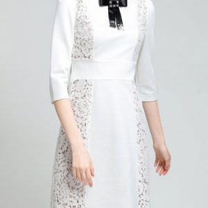 White Stand Collar Bow 3/4 Sleeve Sheath Mini Dress