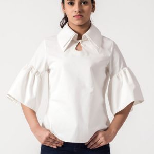 White Stand Collar Broad Sleeve Blouse