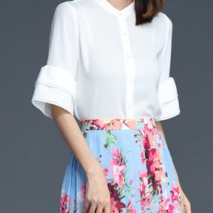 White Stand Collar Work Plain Polyester Blouse