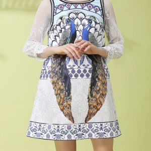 White Statement Printed Crew Neck Shift Mini Dress