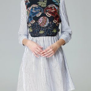 White Stripes Embroidered A-line Casual Midi Dress