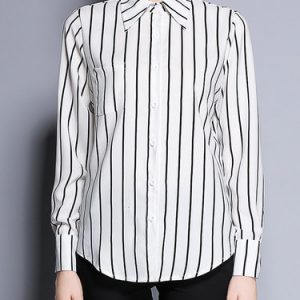 White Stripes Long Sleeve Polyester Blouse