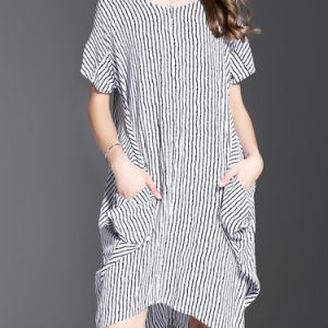 White Stripes Short Sleeve Pockets Midi Dress