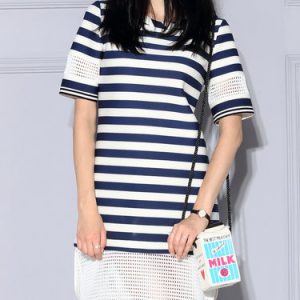 White Stripes Short Sleeve Polyester Mini Dress