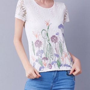 White Sweet Floral-print Short Sleeved Top