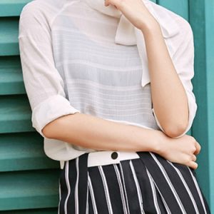 White Turtleneck Bow Casual Blouse