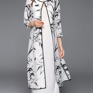 White Two Piece Printed 3/4 Sleeve Midi Dress