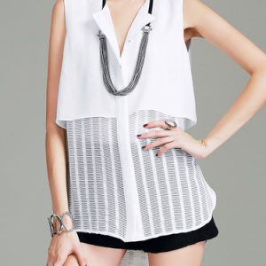 White V Neck Paneled Work Chiffon Blouse