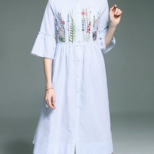 White Vintage 3/4 Sleeve H-line Embroidered Shirt Dress