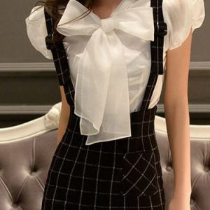 White Work Polyester Bow V Neck Blouse