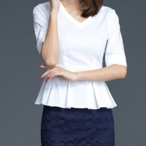 White Work V Neck Cotton-blend Ruffled Top