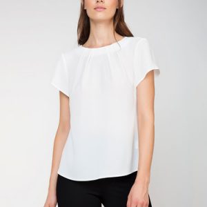 White Woven Crew Neck Plain Short Sleeved Top