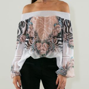 White Zebra-print Off Shoulder Long Sleeve Blouse