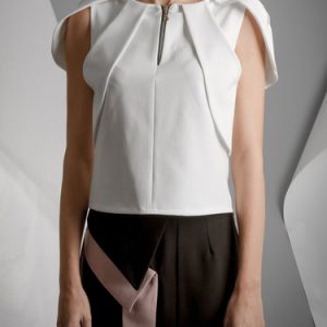 White Zipper Asymmetric Short Sleeve Blouse