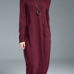 Wine Red Casual Crew Neck Pockets Knitted Sweater Dress