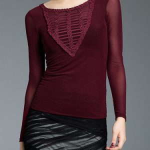 Wine Red Crew Neck Appliqued Casual Sheath Long Sleeved Top