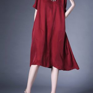 Wine Red Crew Neck Plain Simple Shift Midi Dress