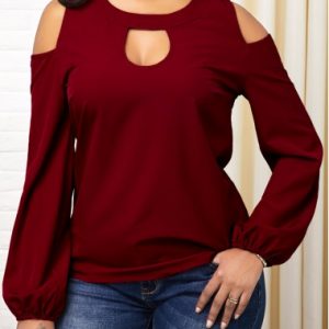 Wine Red Long Sleeve Keyhole Neckline T Shirt - L