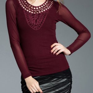 Wine Red Sheath Crew Neck Appliqued Long Sleeved Top