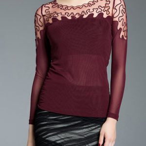 Wine Red Sheath Long Sleeve Crew Neck Blouse