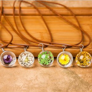 Wishing Ball Dried Flowers Artificial Crystal Pendant Clavicle Wax Rope Necklace