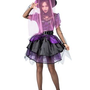 Witch Costume Halloween Women Purple Ruffles Short Dresses Outfit