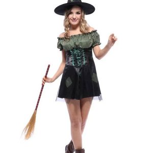 Witch Halloween Costumes Frill Off The Shoulder Sage Woman Color Block Matte Satin Dress Set Holidays Costumes