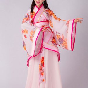 Woman Chinese Costumes Floral Print Curving Front Robe Red Top Chiffon Holidays Costumes