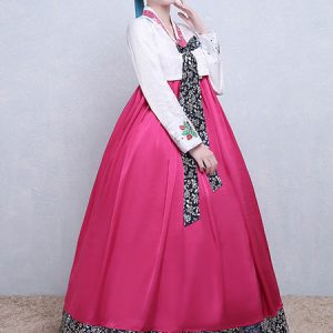 Woman Korean Costumes Floral Print Embroidered Bow Brocade Dress Pink Hanbok Costume Set Halloween