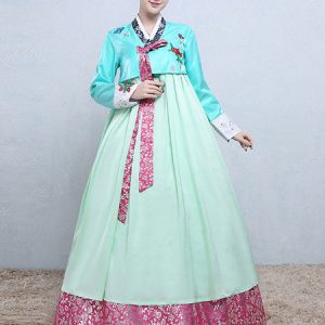 Woman Korean Costumes Floral Print Embroidered Bow Brocade Dress Pink Hanbok Costume Set Halloween