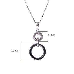 Women Girl Fashion Unique 925 Sterling Silver Zircon Rhinestone Crystal Ceramic Double Rings Pendent Necklace Chain Jewelry for Party Wedding Gift