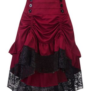 Women Gothic Costume Buttons Ruffle Lace Burgundy Retro Skirt Halloween