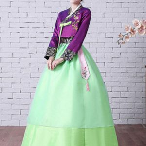 Women Korean Hanbok Costume Neon Green Dress With Overcoat And Sash Halloween Asian Costume