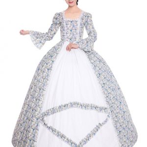 Women Retro Costumes Ecru White Floral Print Lace Trim Matte Satin Victorian Style Vintage Clothing Halloween