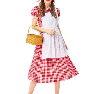 Women Retro Costumes Gingham Plaid Bows Lace Cotton Apron Red Farm Halloween Costume