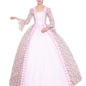 Women Retro Costumes Light Pink Floral Print Ruffle Satin Victorian Era Style Vintage Clothing Halloween