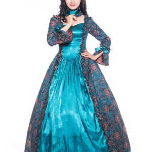 Women Retro Costumes Matte Satin Victorian Style Floral Print Dress Cyan Blue Vintage Clothing Halloween