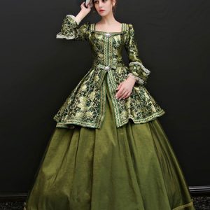 Women Retro Costumes Olive Lace Printed Marie Antoinette Costume Ruffles Rhinestones Rococo Masquerade Costume Dress