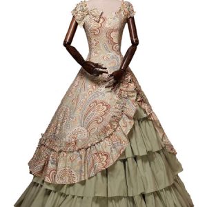 Women Retro Costumes Print Dress Bow Ruffle Dress 18th Century Costume