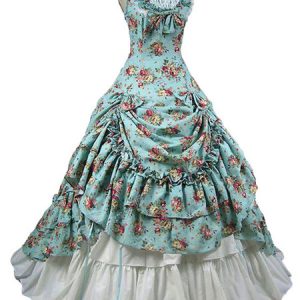 Women Retro Costumes Ruffle Marie Antoinette Costume Floral Print Dress Rococo Masquerade Ball Gown