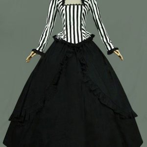 Women Retro Costumes Ruffles Lace Stripe Ball Gown Halloween Little Women Dress