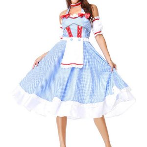 Women Retro Costumes The Wizard Of Oz Dorothy Gingham Bow Ruffle Vintage Dress