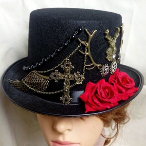 Women Steampunk Hat Halloween Costume Black Chain Gear Flower Top Hat