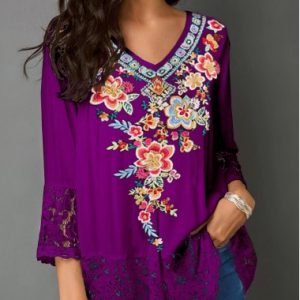 Women's Casual Tunic Blouse Retro Flower Print V Neck Lace Panel Blouse - M