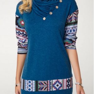 Women's Cowl Neck Blue T Shirt For Women Button Detail Long Sleeve Printed T Shirt - M