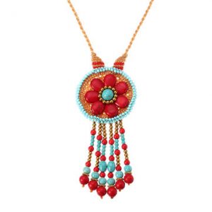 Women's Ethnic Bohemian Beads Flower Turquoise Tassel Necklace