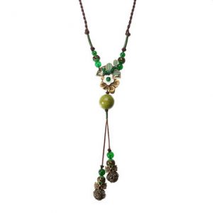 Women's Ethnic Necklace Green Agate Flower Ceramic Necklace