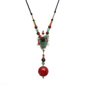 Women's Ethnic Necklace Retro Agate Ceramic Flower Leaves Necklace