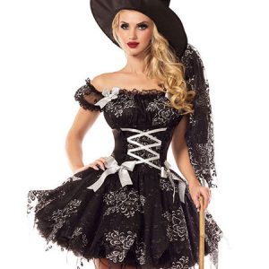 Women's Halloween Costume Black Witch Lace Up Tu Tu Dress With Hat Halloween